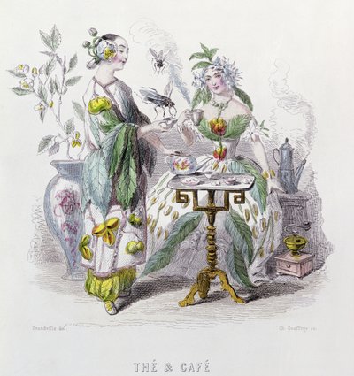 Chá e café, de &39;Les Fleurs Animees&39;, gravado por Charles Geoffrey (1819-82) 1847 de Grandville